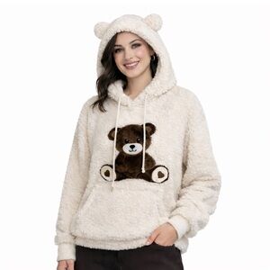 ANGEL CULT Y2K Cream Fuzzy Sherpa Style Pullover Warm Comfy Teddy Bear Hoodie